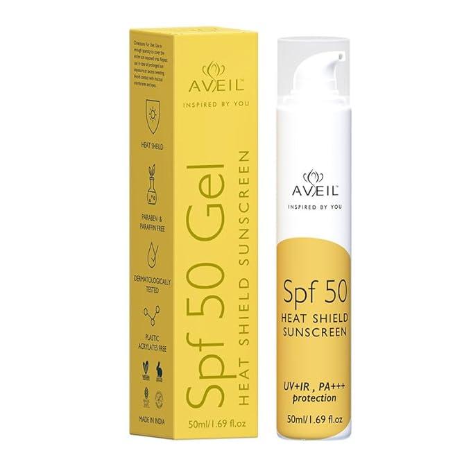 AVEIL Heat Shield Gel Sunscreen SPF 50 With PA+++ | For All Skin Types | Paraben & Paraffin free | Hydrating Sunscreen | Sun Protection From UVA, UVB, IR | No White Caste - 50ml