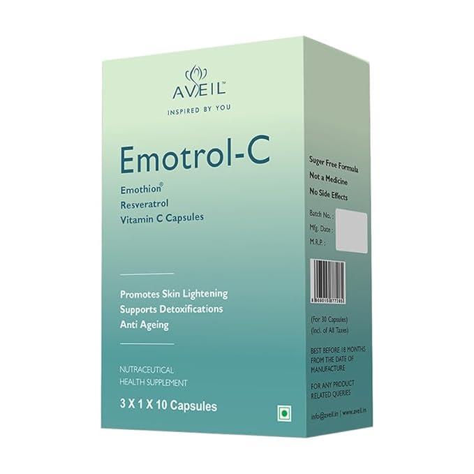 AVEIL Emotrol-C Resveratrol and Vitamin C Capsules for Skin - | Enhances Skin Radiance | Natural Detoxification | Supports Youthful Skin Appearance | Sugar Free | Healthy Skin Superfood - 30 Capsules