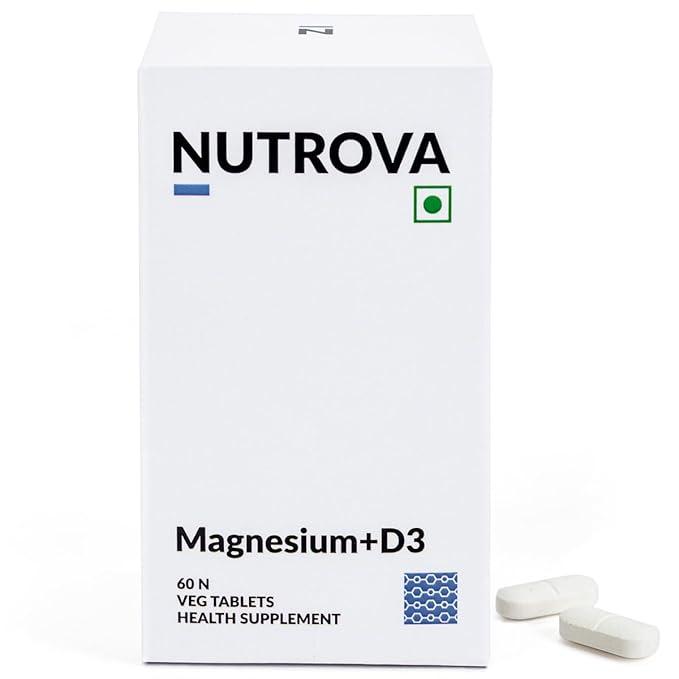 Nutrova Magnesium+D3 Bioavailable Magnesium Bisglycinate Chelate with Vegan Vitamins D3 – 60 Tablets