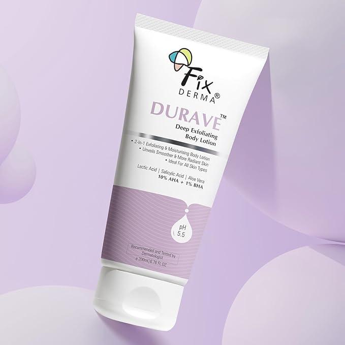 Fixderma Durave 10% AHA + 1% BHA Deep Exfoliating Body Lotion with Lactic & 1% Salicylic Acid | Body Exfoliator | Body Lotion for Women & Men | Moisturizer for Body for All Skin Types - 200 ml