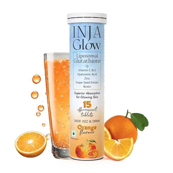 INJA Glow Liposomal Glutathione with Vitamin C, E, Hyaluronic Acid, Zinc & Biotin – Orange Flavour | 15 Effervescent Tablets | 4x More Effective | Brightens Skin, Reduces Dark Spots & Boosts Collagen