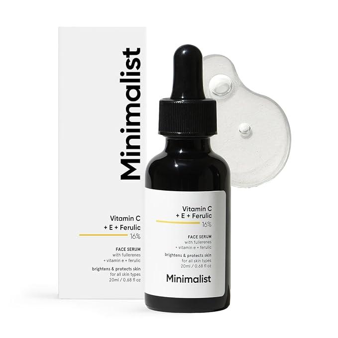 Minimalist Skin Brightening Vitamin C 16% Face Serum for All Skin Type | Treats Uneven Skin Tone with Advanced Glowing Formula With Power of Vit C & E, Ferulic Acid & Fullerenes to boost radiance, Protects from Oxidative Stress & Improves Skin Texture| For Women & Men | 20 ml