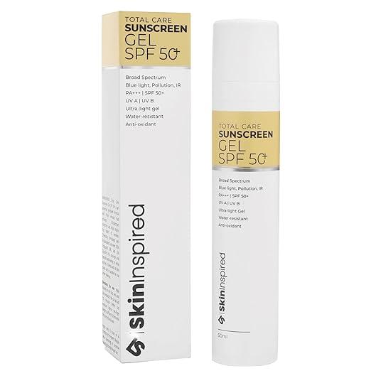 SkinInspired Total Care Gel Sunscreen SPF 50+ PA+++ | Broad Spectrum UVA/UVB + Blue Light + Pollution Protection | Ultra-Light, Non-Sticky Gel | For All Skin Types - 50 ml