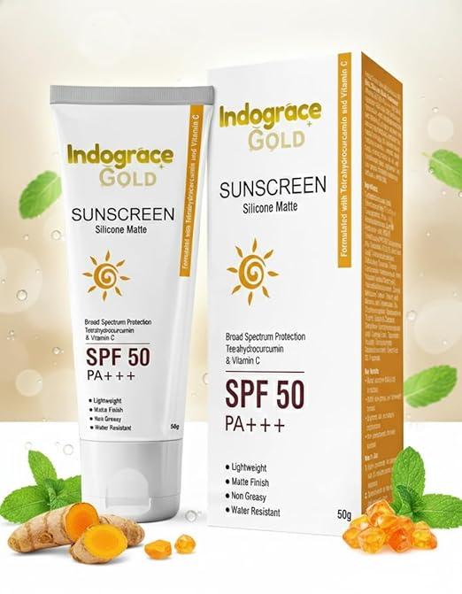Indograce Gold SPF 50 PA+++ Sunscreen, 50 g – Matte, Lightweight, Water-Resistant