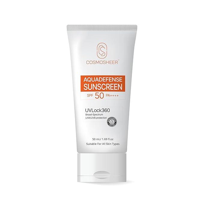 Cosmosheer Aquadefense UVLock 360 Sunscreen SPF 50 PA++++ 50 ml | Lightweight, Non-Greasy, No White Cast | For All Skin Types