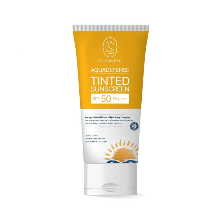 Cosmosheer Aquadefense Tinted Sunscreen SPF 50 PA++++ 50 ml | 3-in-1 Sun Protection, Hydration & Tint