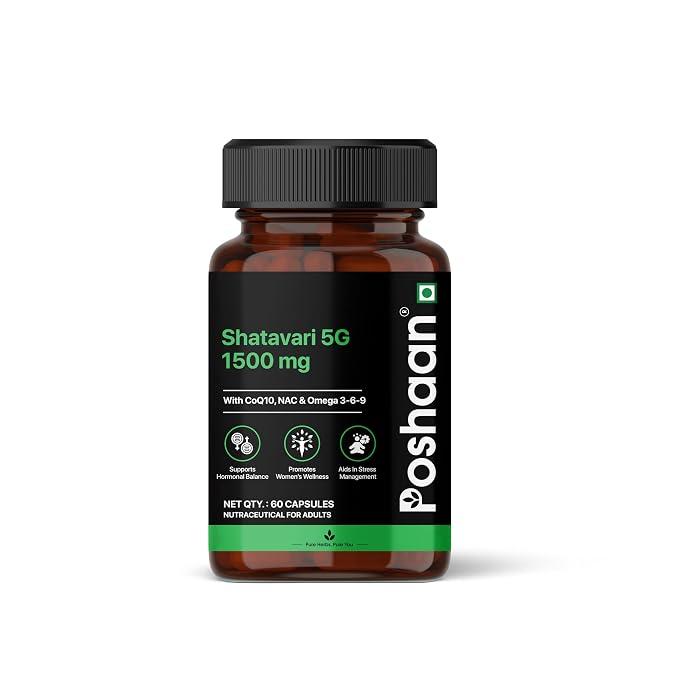 Poshaan Shatavari 5G 1500mg | Women's Hormonal Wellness | 60 Vegetarian Capsules