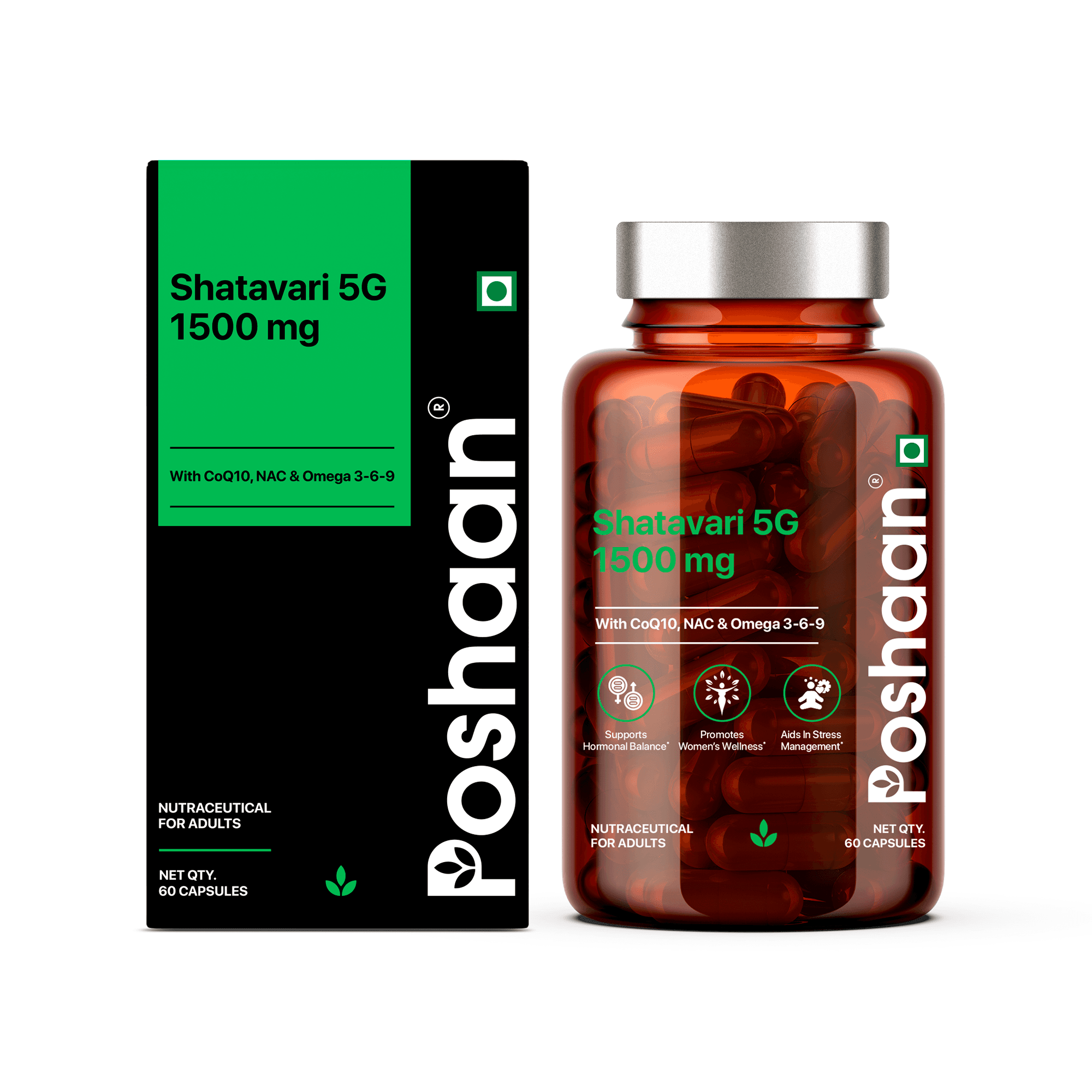 Poshaan Shatavari 5G 1500mg | Women's Hormonal Wellness | 60 Vegetarian Capsules