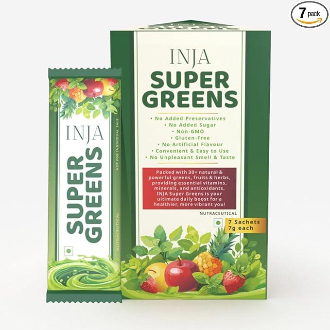 INJA Super Greens – Complete Daily Greens for Men & Women | 40+ Superfoods, Vitamins, Adaptogens & Antioxidants | Immunity, Energy, Detox, Gut Health | 7 Sachets