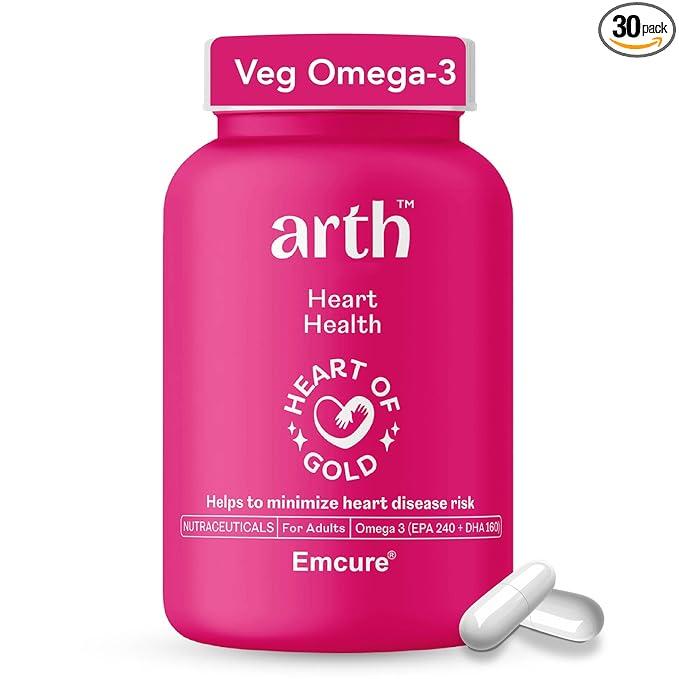Arth Veg Omega-3 Supplement | Veg DHA 160mg & EPA 240mg | 3:2 EPA DHA Ratio | Plant-Based Omega from Algae | Supports Heart Health | No Fishy Aftertaste | For Men & Women | 30 Veg Capsules
